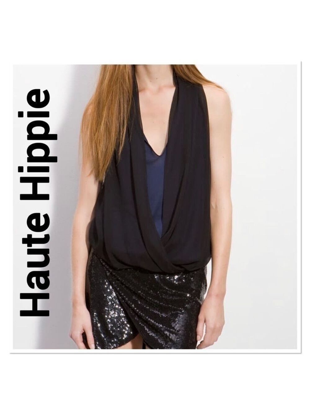 HAUTE HIPPIE Black & Blue Draped Faux Wrap Top XS FLAW - Picture 3 of 10